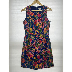 J Crew Printed Pleated Shift Dress 4 Bright Blue Multi Color Floral Twill